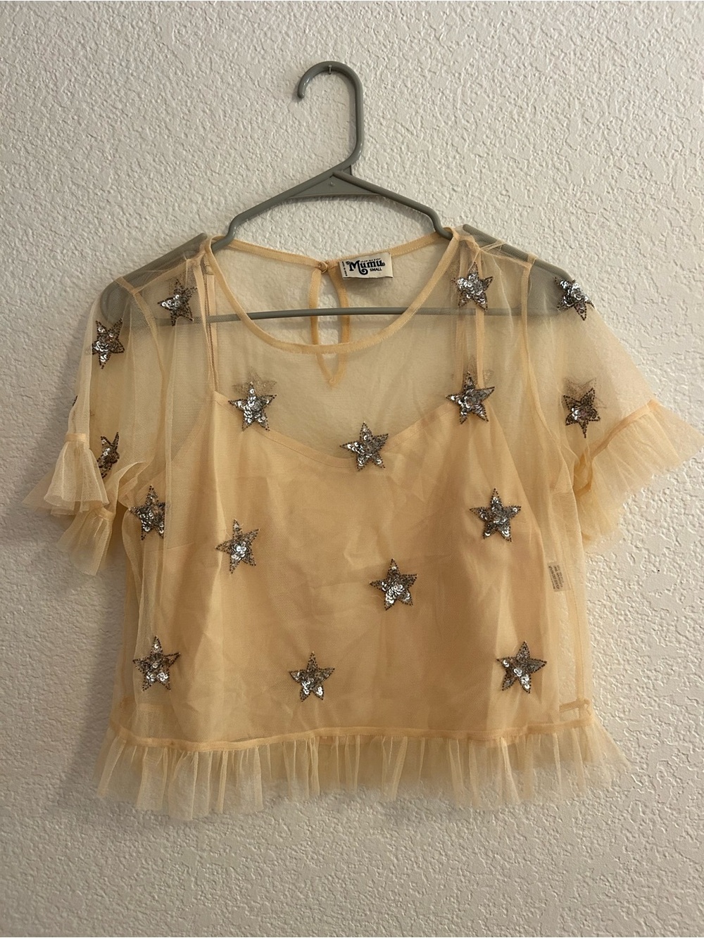Show Me Your MuMu Pale Yellow/Beige Star Sequin Mesh Top